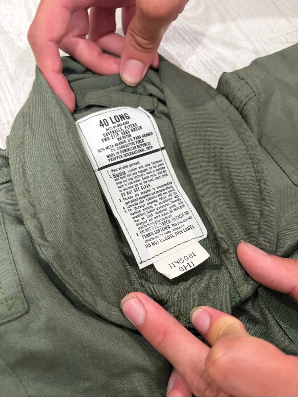Vintage Propper Men’s CWU-27/P Nomex Flight Suit 40L Green Military Coveralls